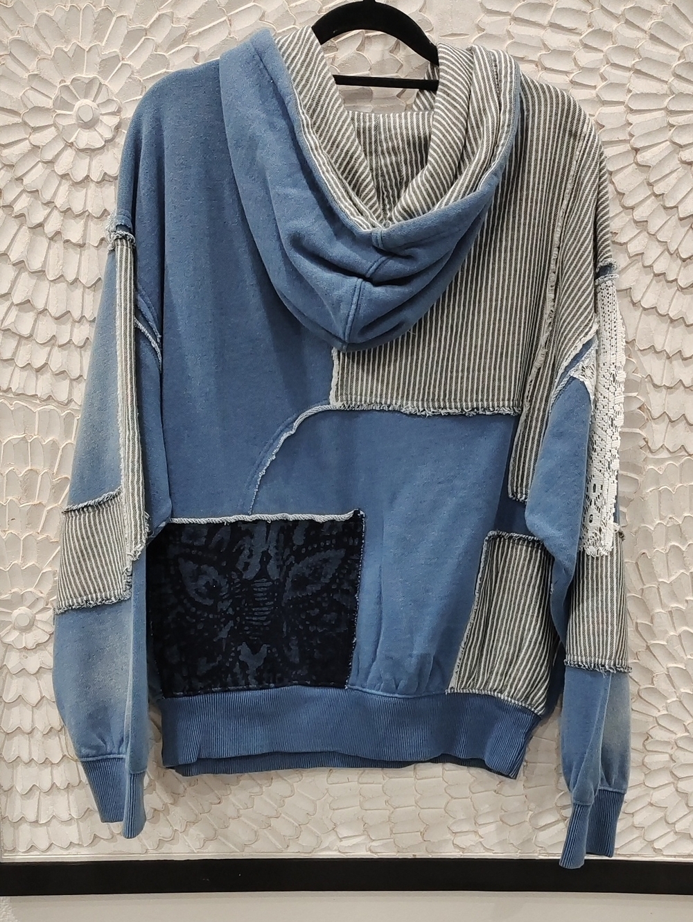 Free People Tattered Romance Hoodie Blue Patchwork Mix Pullover Hoodie - Picture 6 of 9